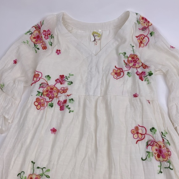 Anthropologie Fig and Flower embroidered Ruffled Sleeve Dress Small Creme Pink - Picture 3 of 14